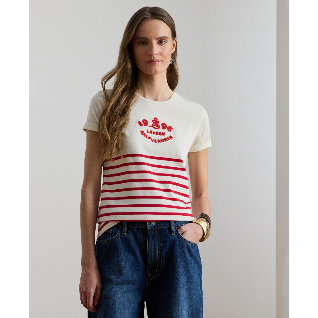 Lauren Ralph Lauren Women's Striped Embroidered Logo Crewneck T-Shirt
