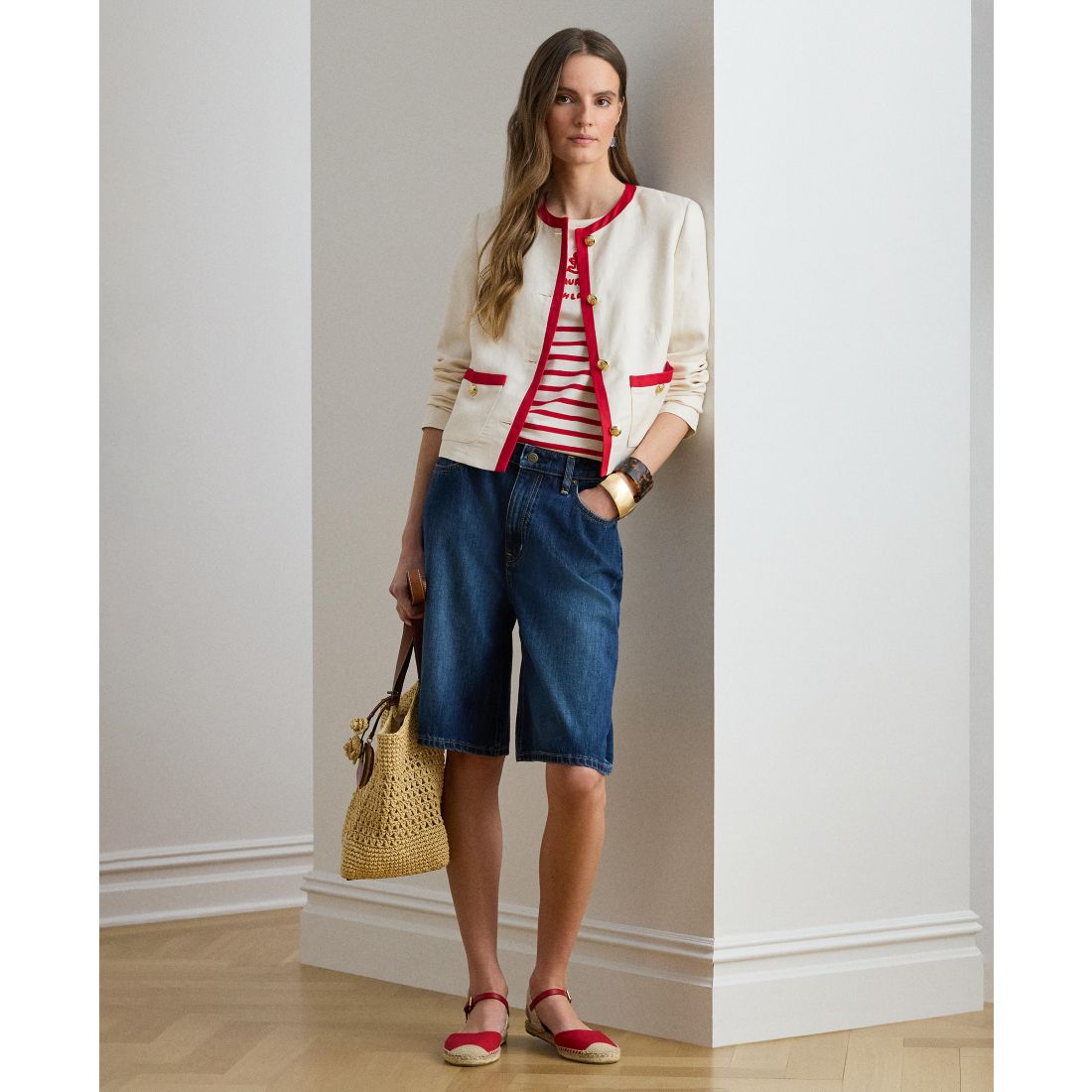 Lauren Ralph Lauren Women's Striped Embroidered Logo Crewneck T-Shirt
