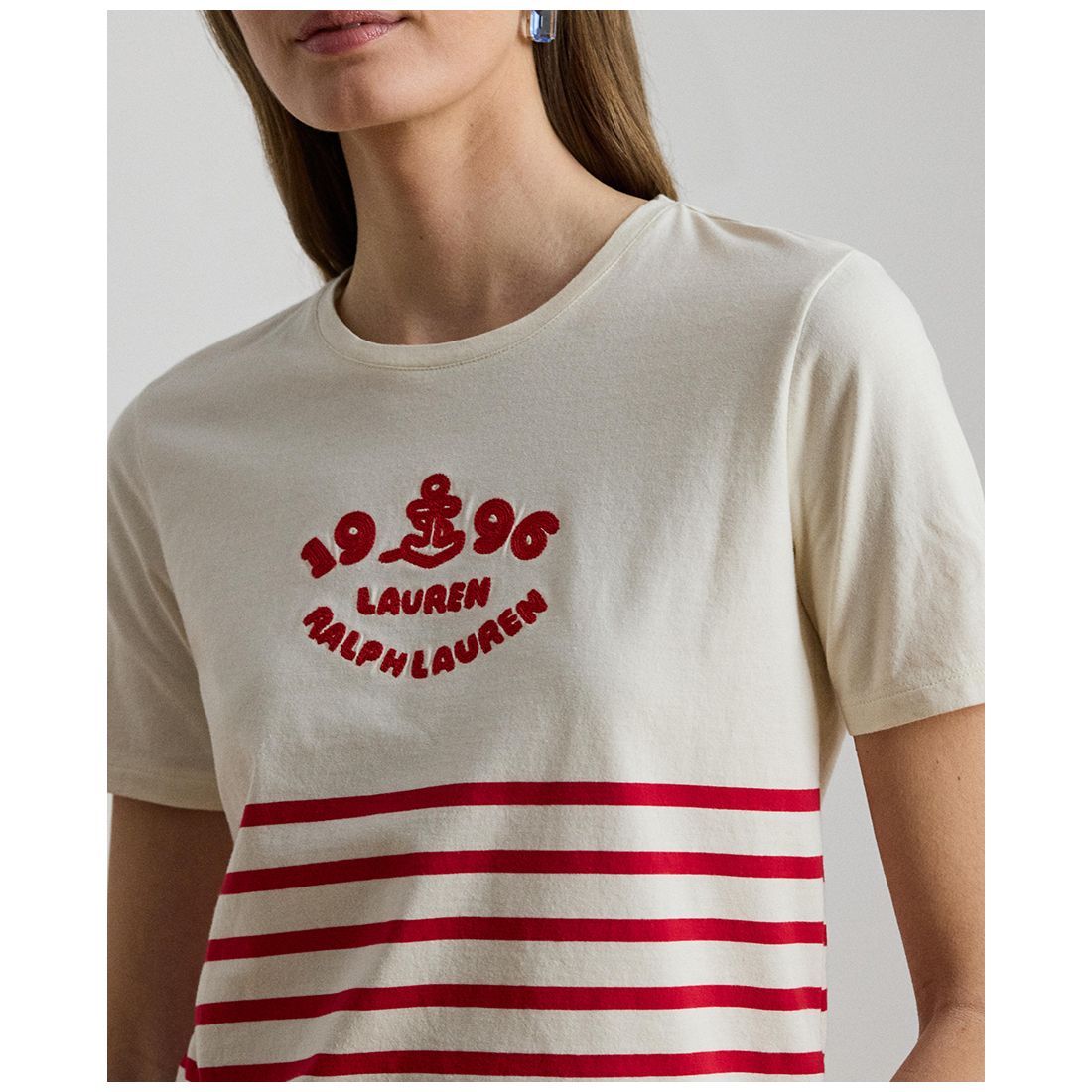 Lauren Ralph Lauren Women's Striped Embroidered Logo Crewneck T-Shirt