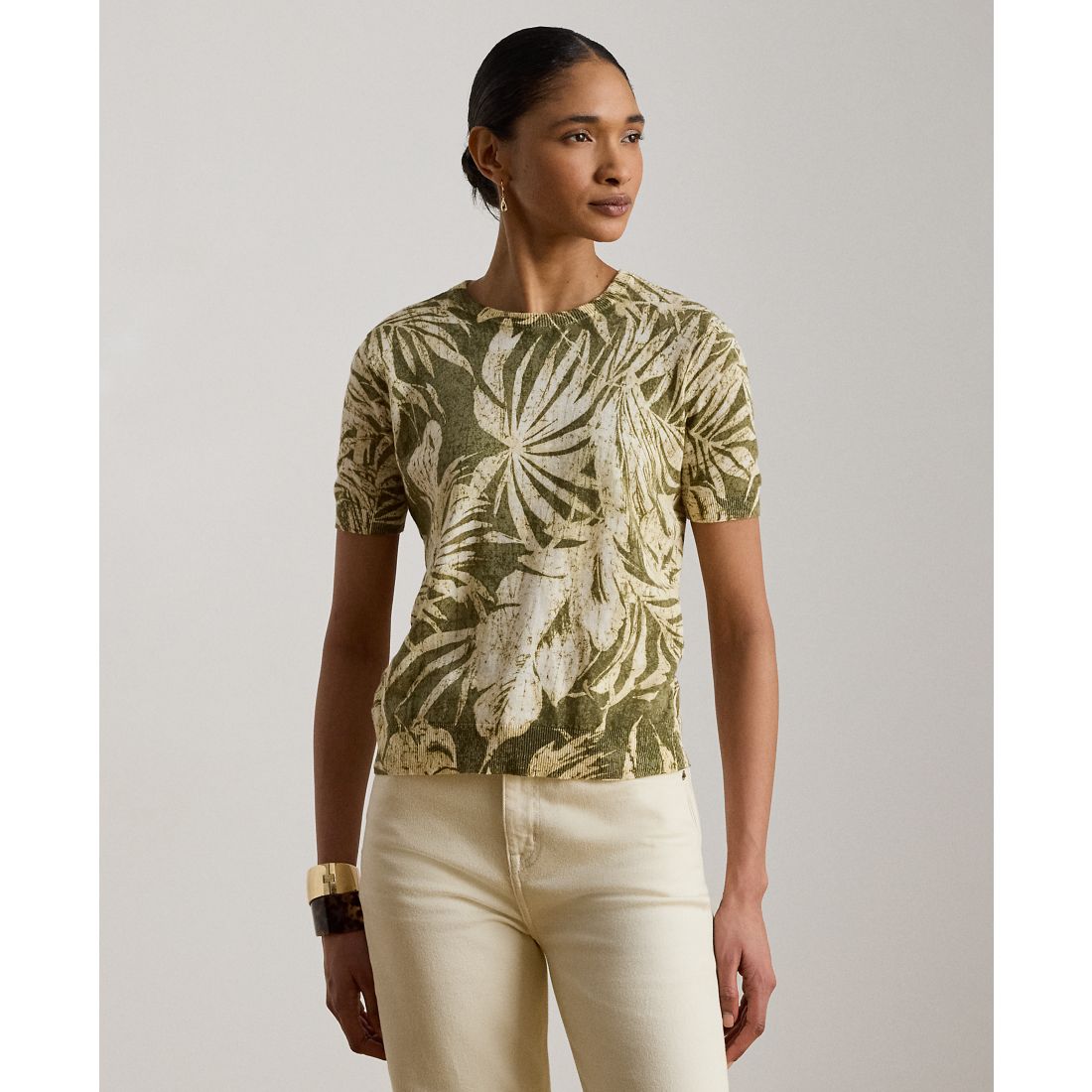 Lauren Ralph Lauren Petite Palm Frond Print Short-Sleeve Sweater
