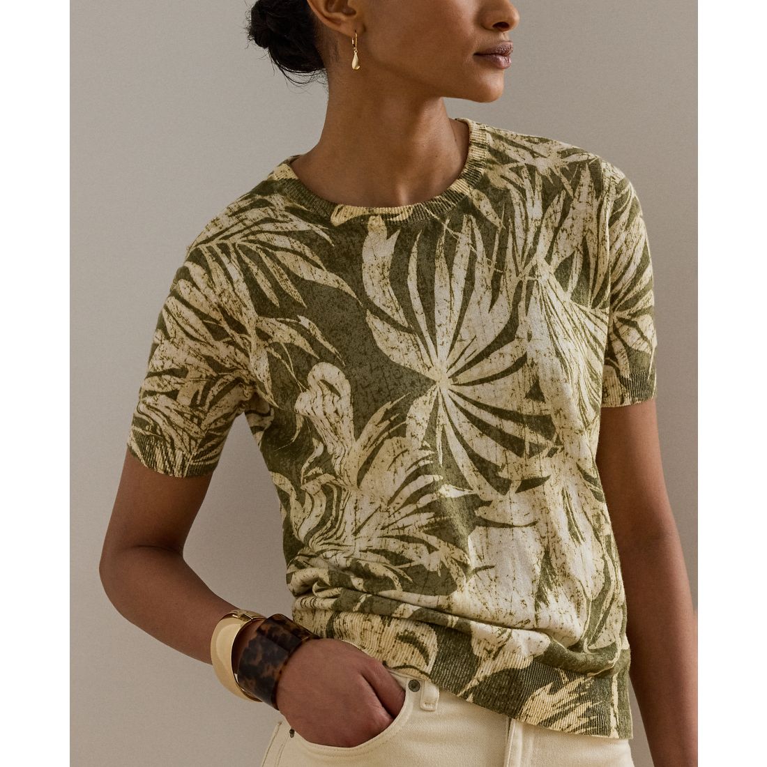 Lauren Ralph Lauren Petite Palm Frond Print Short-Sleeve Sweater