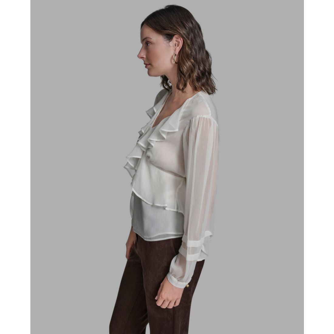 Bcbg Women's Long Sleeve Ruffle V-Neck Blouse