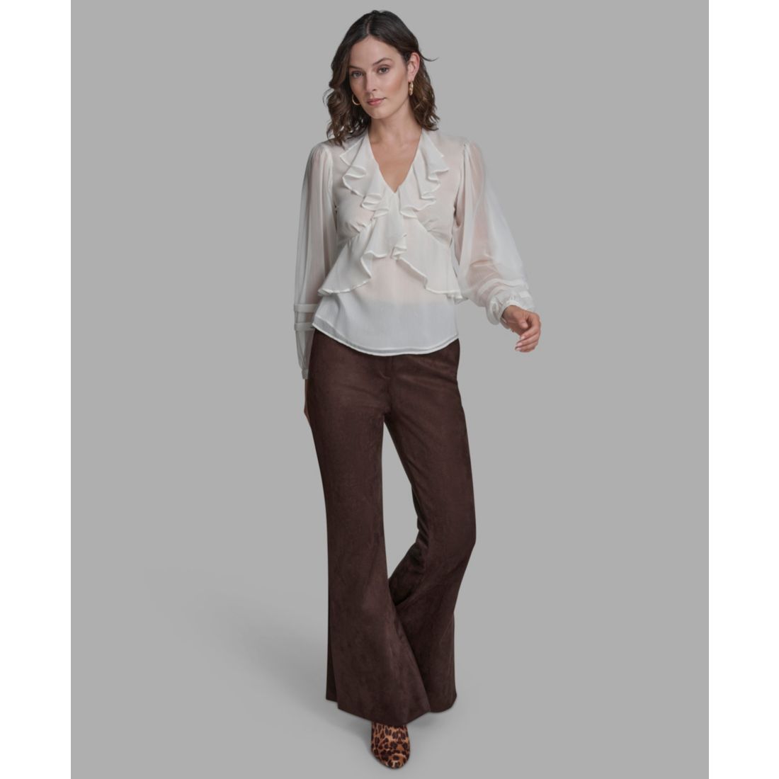 Bcbg Women's Long Sleeve Ruffle V-Neck Blouse