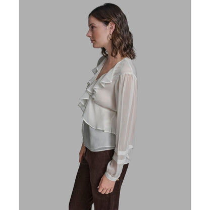 Bcbg Women's Long Sleeve Ruffle V-Neck Blouse
