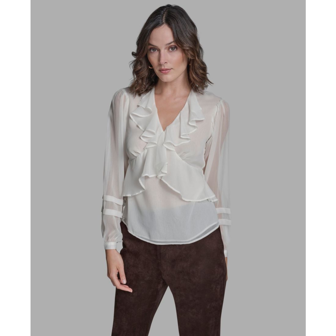 Bcbg Women's Long Sleeve Ruffle V-Neck Blouse