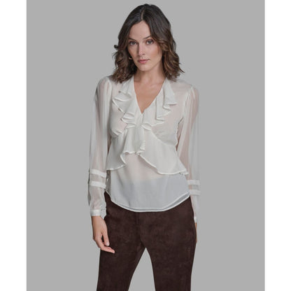 Bcbg Women's Long Sleeve Ruffle V-Neck Blouse