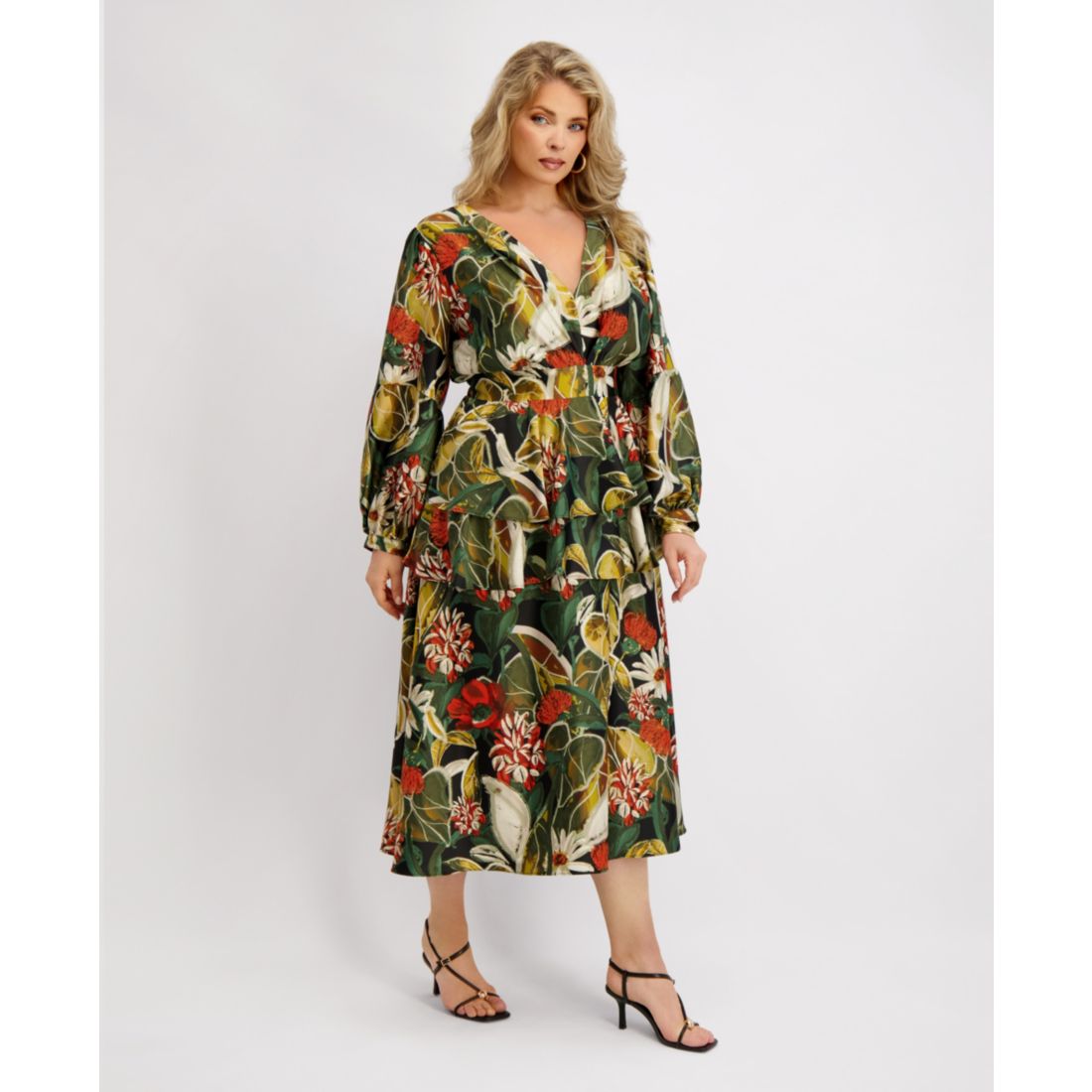 Siena Plus Size Long-Sleeve Tiered Satin Maxi Dress