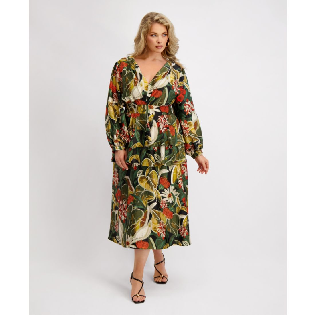 Siena Plus Size Long-Sleeve Tiered Satin Maxi Dress