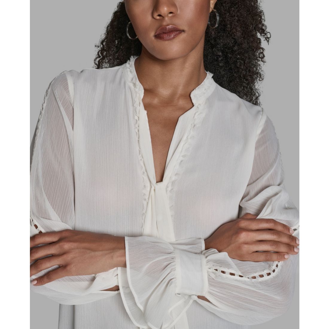 Bcbg Women's Long-Sleeve Tie-Neck Ruffle Cuff Blouse