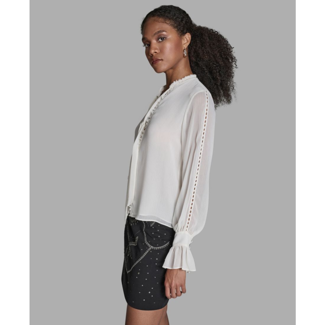 Bcbg Women's Long-Sleeve Tie-Neck Ruffle Cuff Blouse