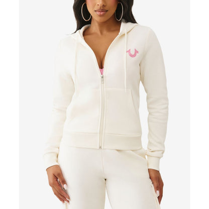 True Religion Women's Metallic Buddha Banner Zip Up Hoodie