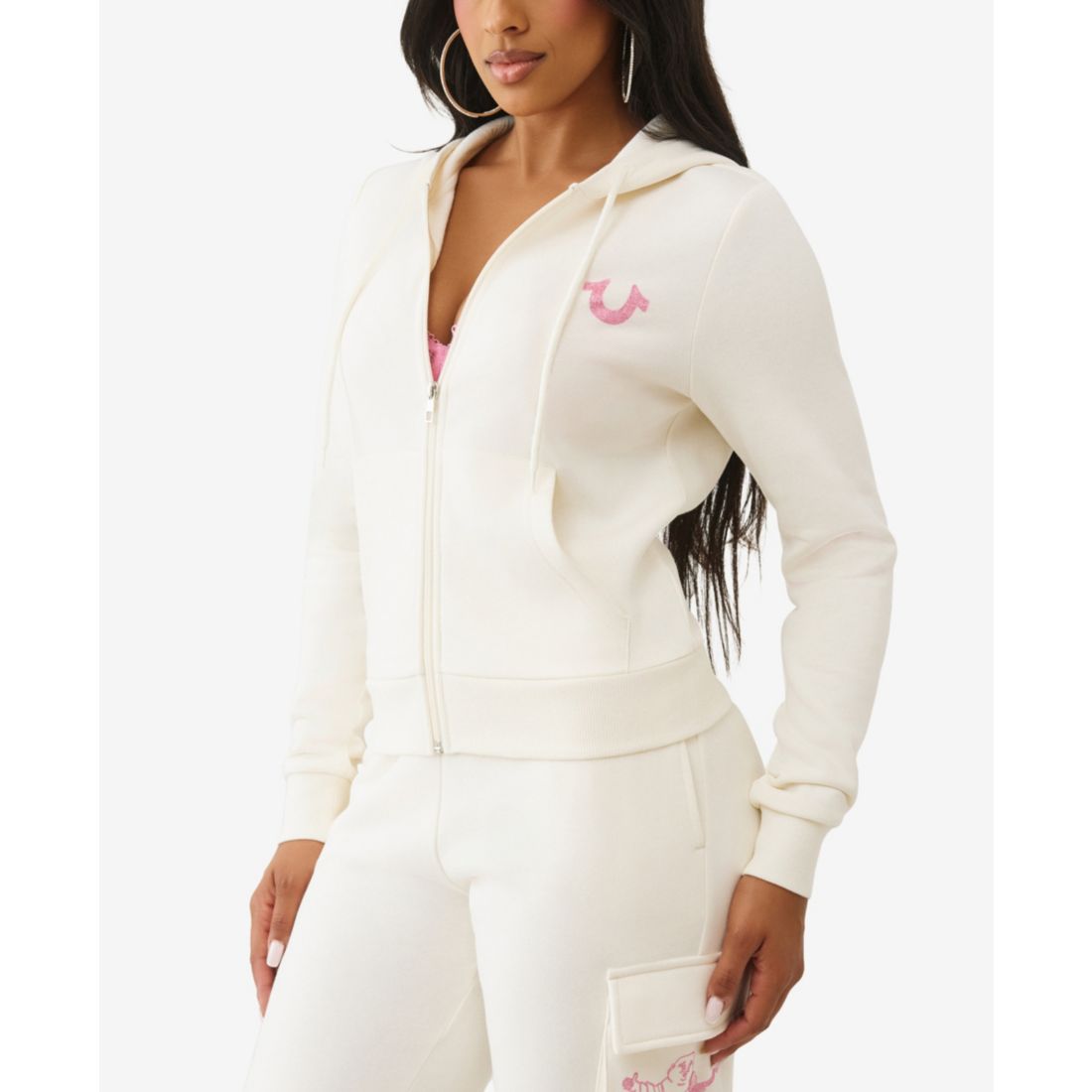 True Religion Women's Metallic Buddha Banner Zip Up Hoodie