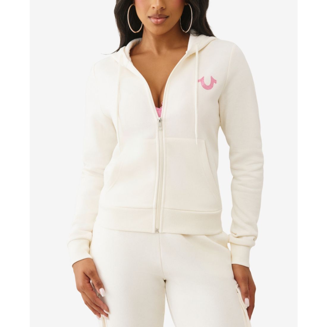 True Religion Women's Metallic Buddha Banner Zip Up Hoodie