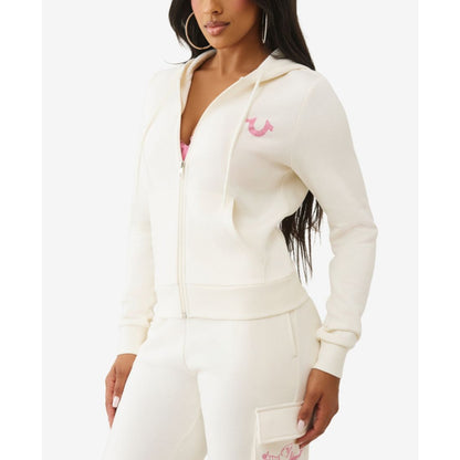 True Religion Women's Metallic Buddha Banner Zip Up Hoodie