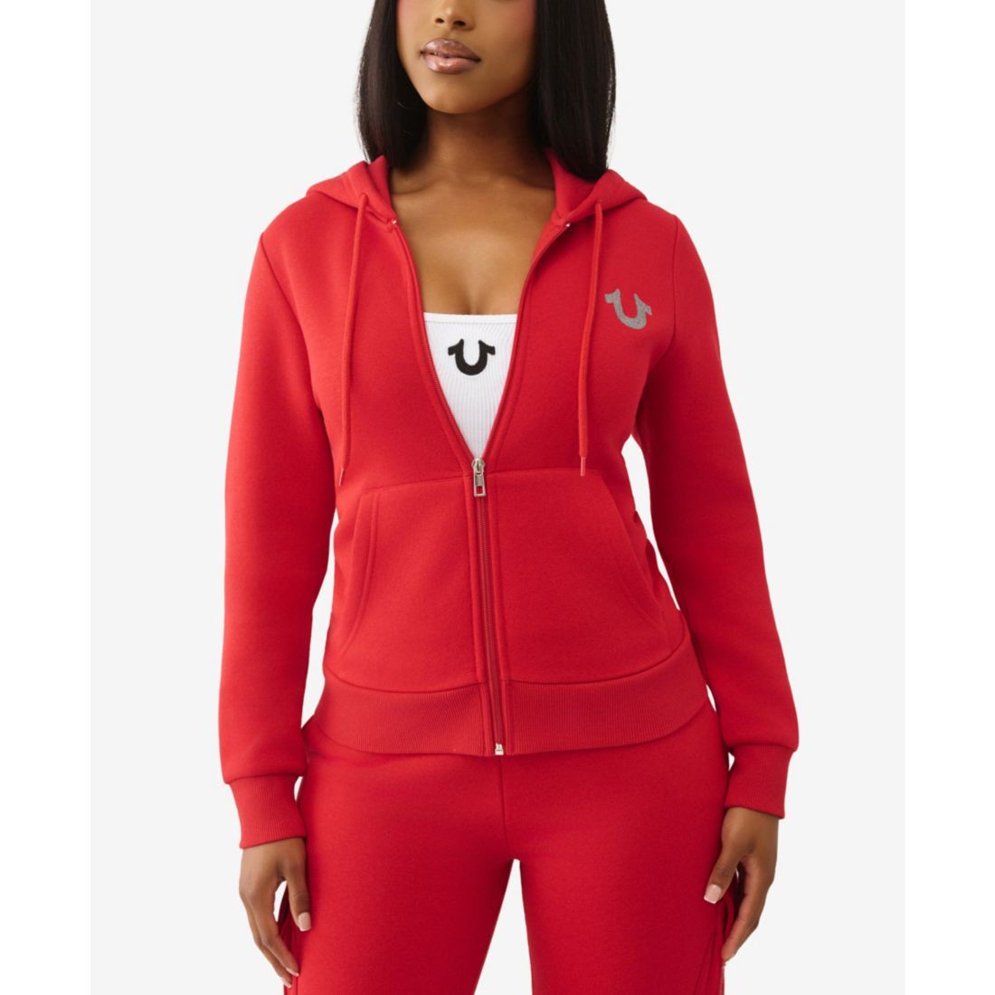 True Religion Women's Metallic Buddha Banner Zip Up Hoodie