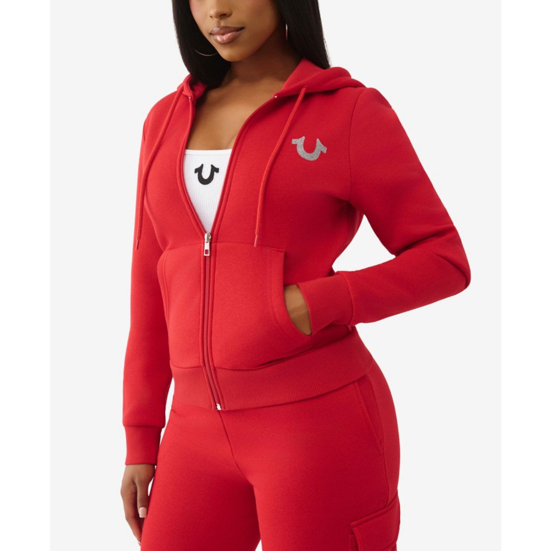 True Religion Women's Metallic Buddha Banner Zip Up Hoodie