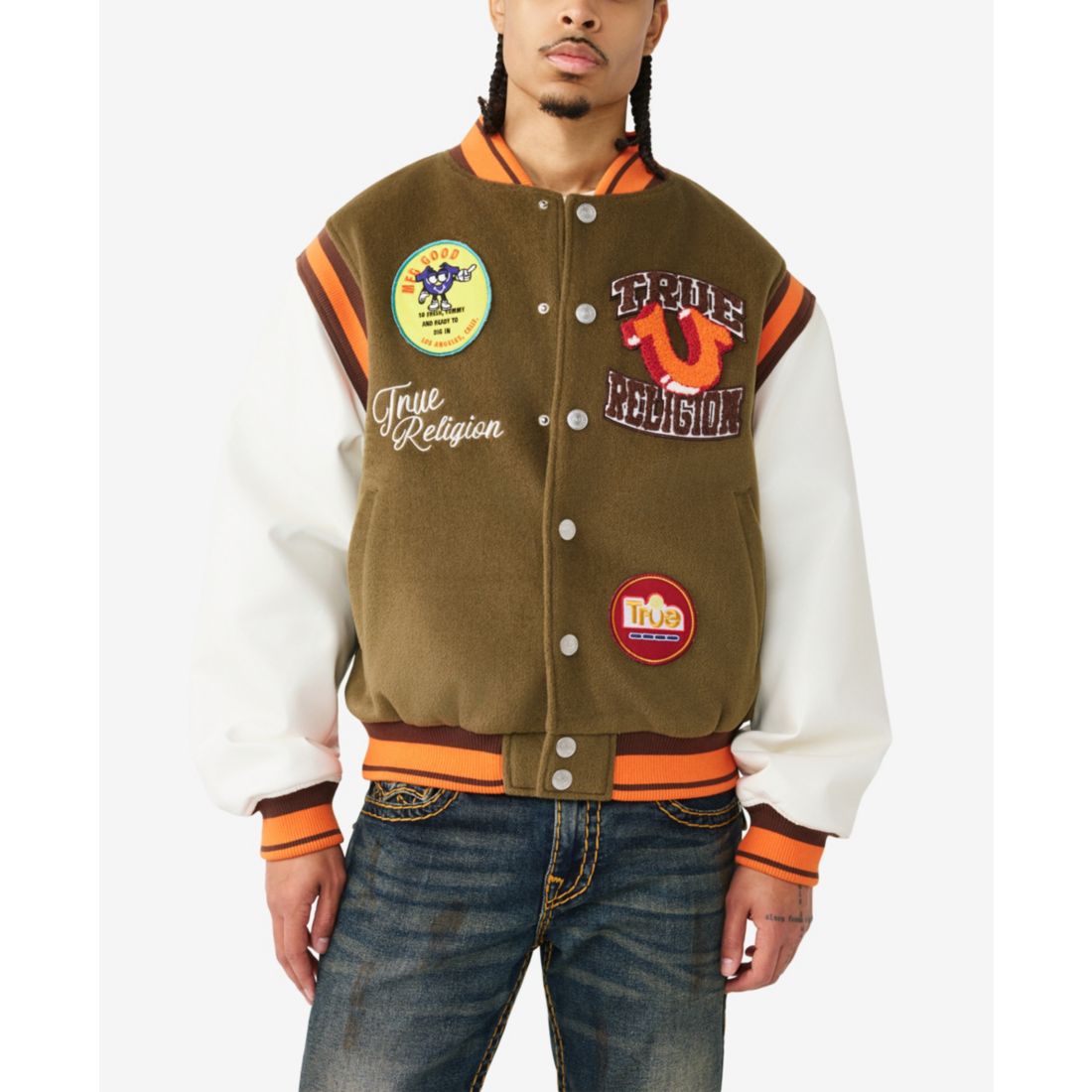 True Religion Men's Garden Logo Retro Varsity Jacket - Capers Green / Winter White