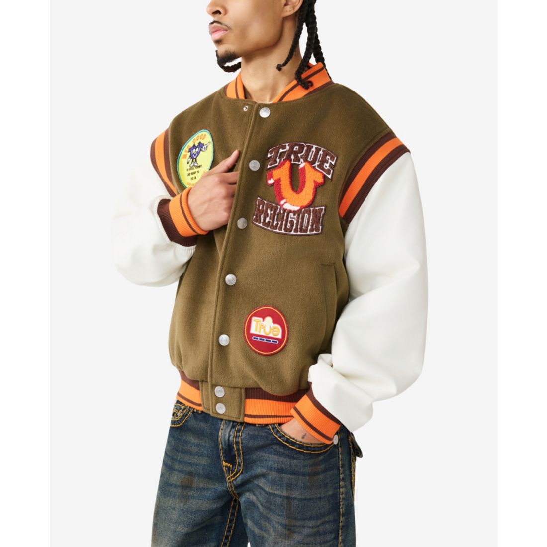 True Religion Men's Garden Logo Retro Varsity Jacket - Capers Green / Winter White