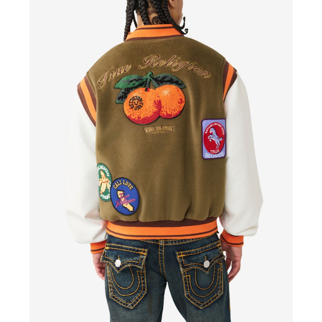 True Religion Men's Garden Logo Retro Varsity Jacket - Capers Green / Winter White