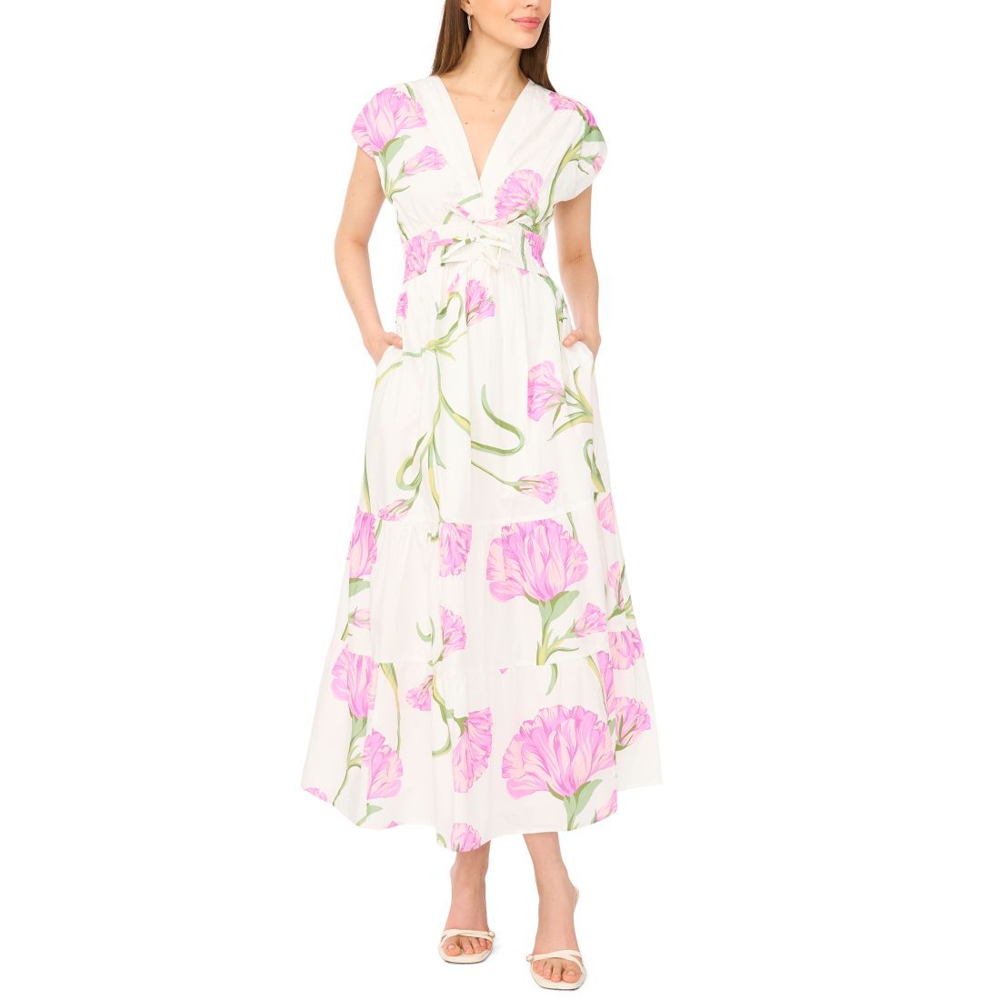 CeCe Women's V-Neck Tie Waist Maxi Dress