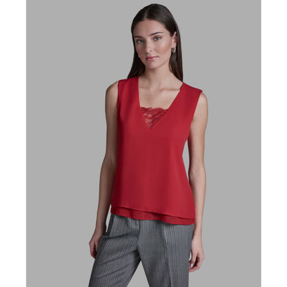 Bcbg Women's V-Neck Lace Detail Pull-On Top