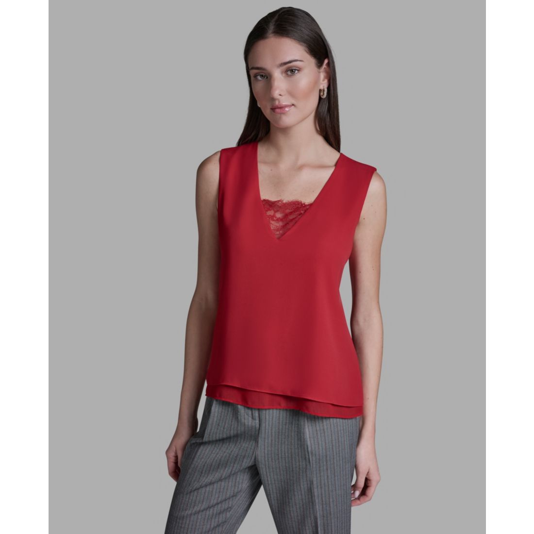 Bcbg Women's V-Neck Lace Detail Pull-On Top