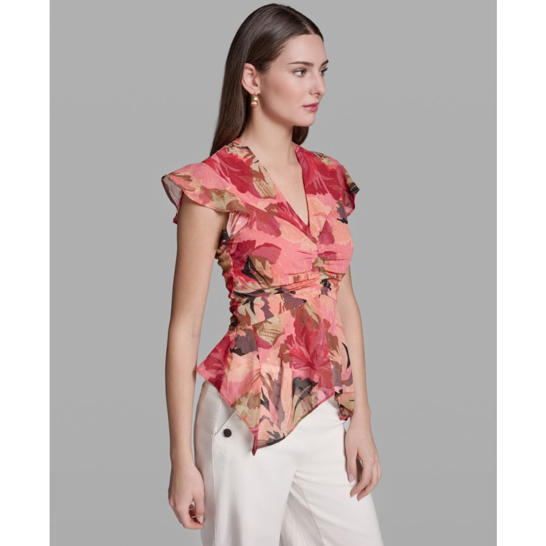 Bcbg Women's Ruched Flutter-Sleeve Printed Top