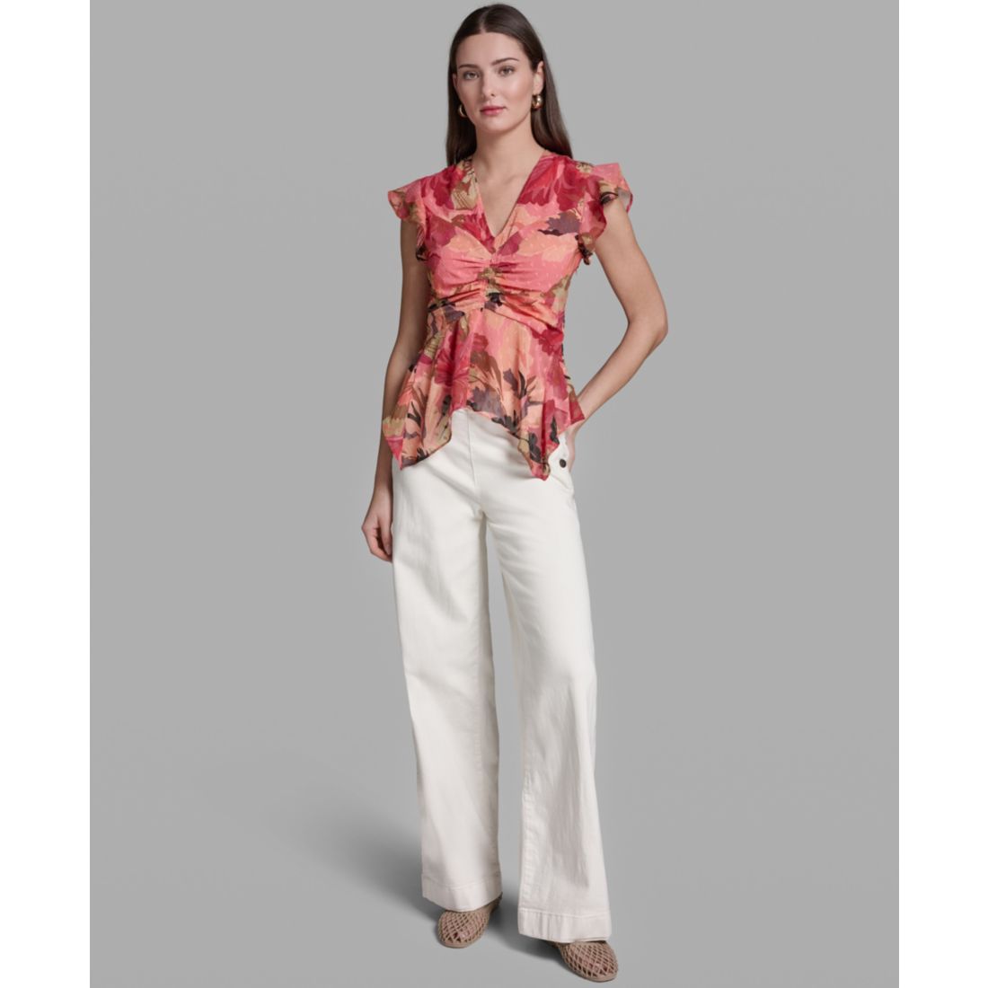 Bcbg Women's Ruched Flutter-Sleeve Printed Top