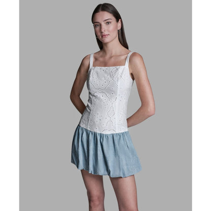 Bcbg Women's Eyelet Detail Sleeveless Square Neck Bubble Hem Mini Dress