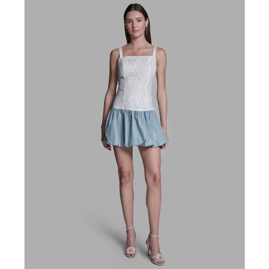 Bcbg Women's Eyelet Detail Sleeveless Square Neck Bubble Hem Mini Dress