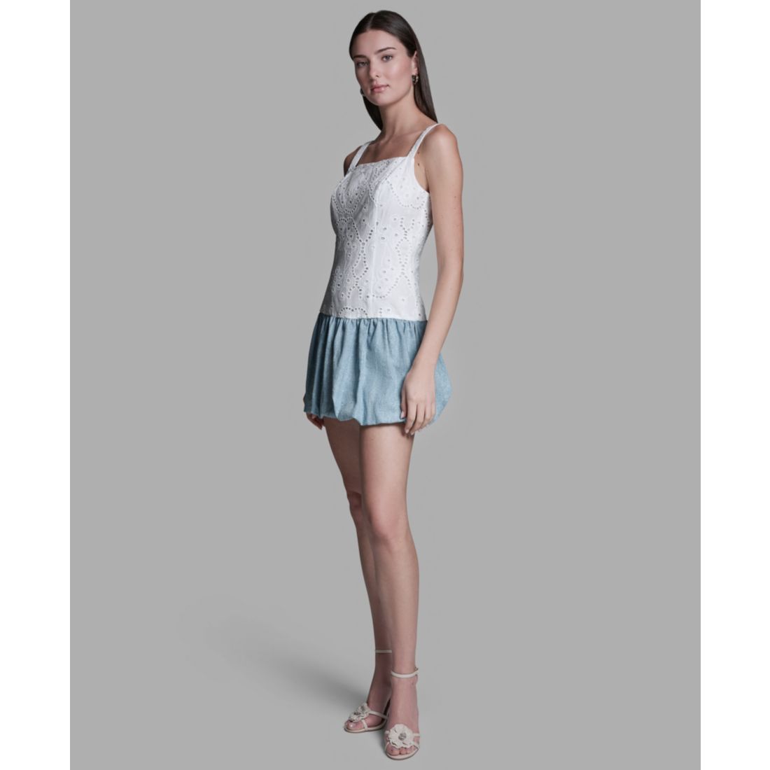Bcbg Women's Eyelet Detail Sleeveless Square Neck Bubble Hem Mini Dress