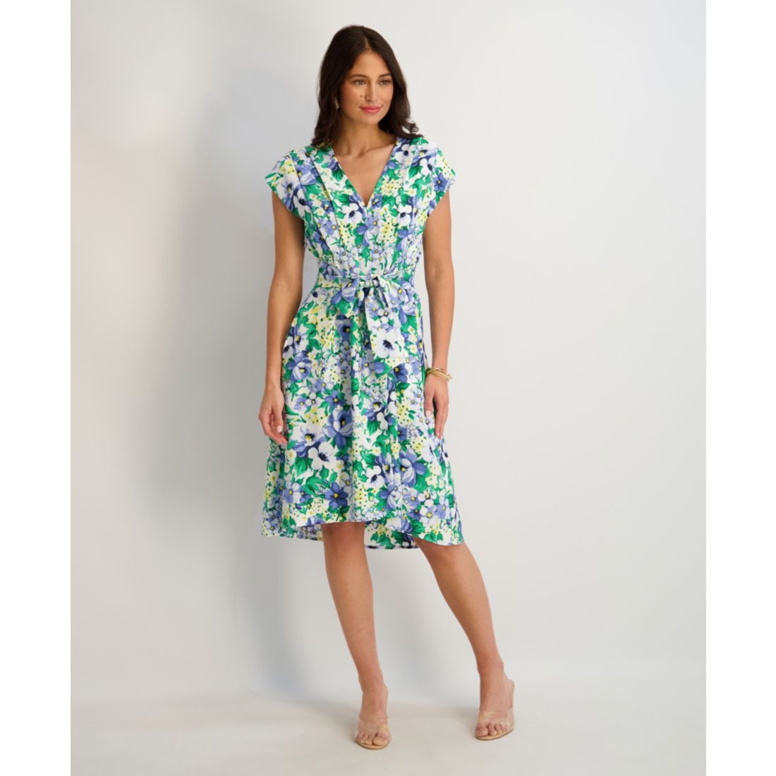 kensie Women's Printed V-Neck Smocked-Back A-Line Dress