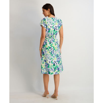 kensie Women's Printed V-Neck Smocked-Back A-Line Dress