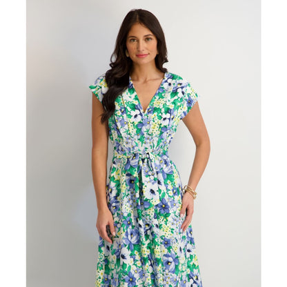 kensie Women's Printed V-Neck Smocked-Back A-Line Dress