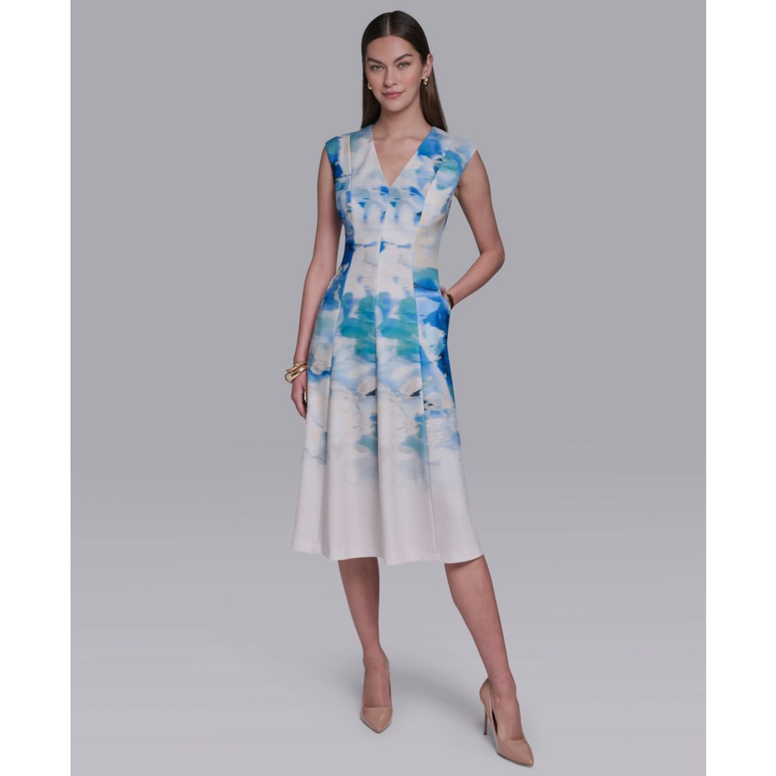 Halston Women's V-Neck Cap-Sleeve Midi Dress