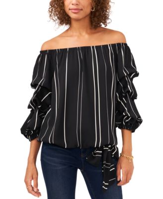 Women's Striped Off-The-Shoulder Bubble 3/4-Sleeve Tie-Front Blouse