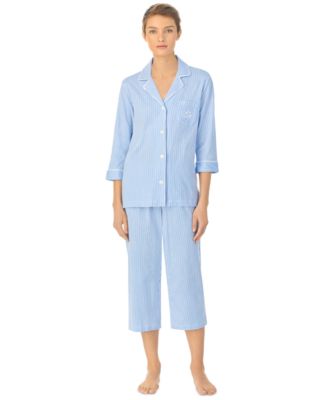 Womens 3/4 Sleeve Cotton Notch Collar Capri Pant Pajama Set