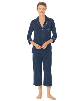 Womens 3/4 Sleeve Cotton Notch Collar Capri Pant Pajama Set