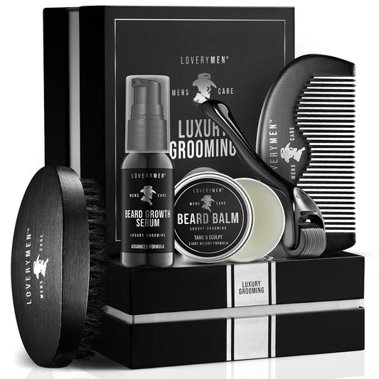 LOVERYMEN 5-Piece Beard Growth Kit – Ultimate Beard Care Set with Growth Serum, Balm, Derma Roller, Comb, Brush in Elegant Gift Box