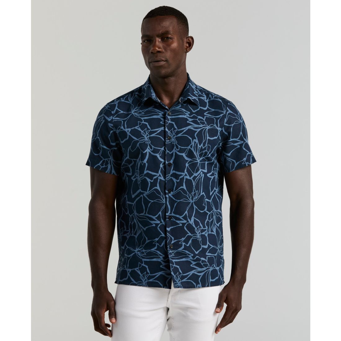 Perry Ellis Men's Floral Print Short Sleeve Linen Blend Shirt