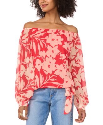 Women's Floral Off-The-Shoulder Long-Sleeve Tie-Front Blouse