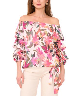 Women's Floral Off-The-Shoulder Bubble 3/4-Sleeve Tie-Front Blouse