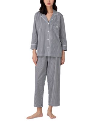 Womens 3/4 Sleeve Cotton Notch Collar Capri Pant Pajama Set