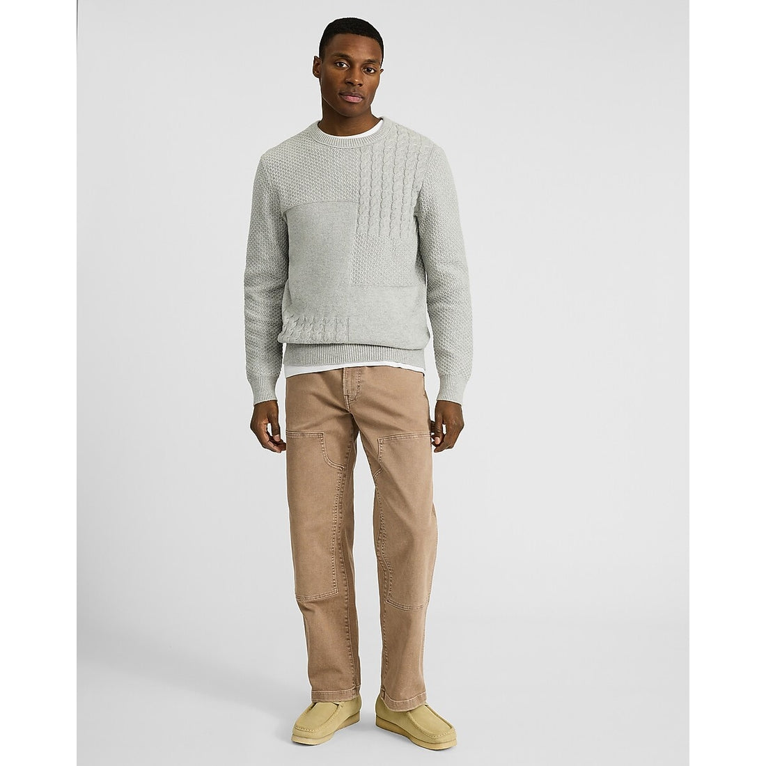 Cotton-Blend Textured Patchwork Crew Neck Sweater