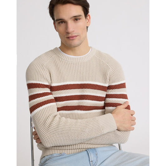 Striped Waffle Knit Cotton Crew Neck Sweater