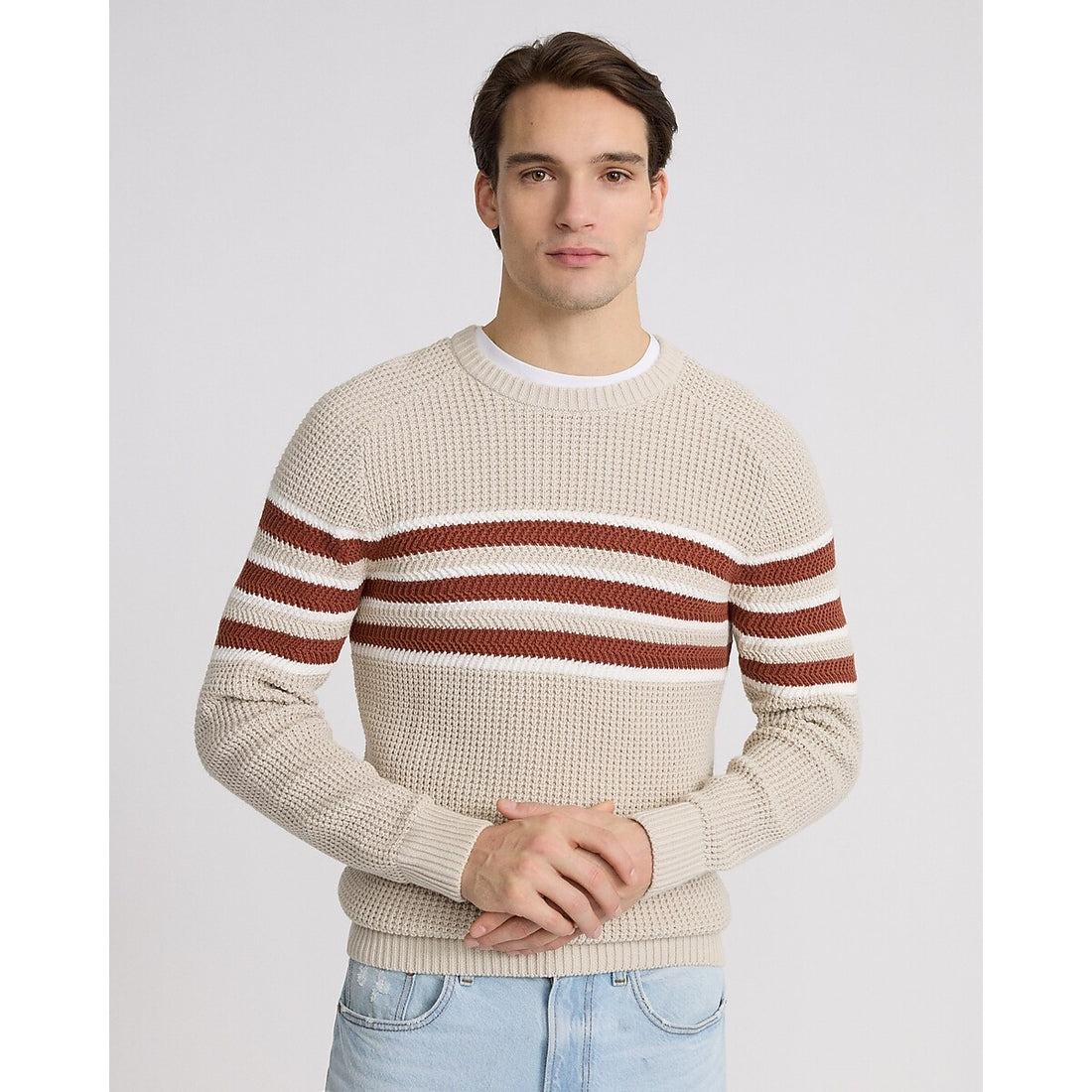 Striped Waffle Knit Cotton Crew Neck Sweater