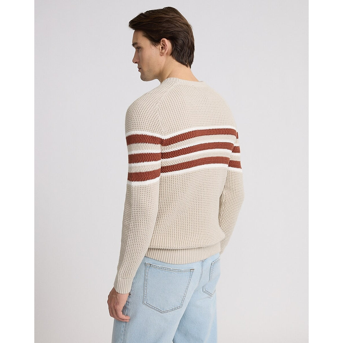 Striped Waffle Knit Cotton Crew Neck Sweater