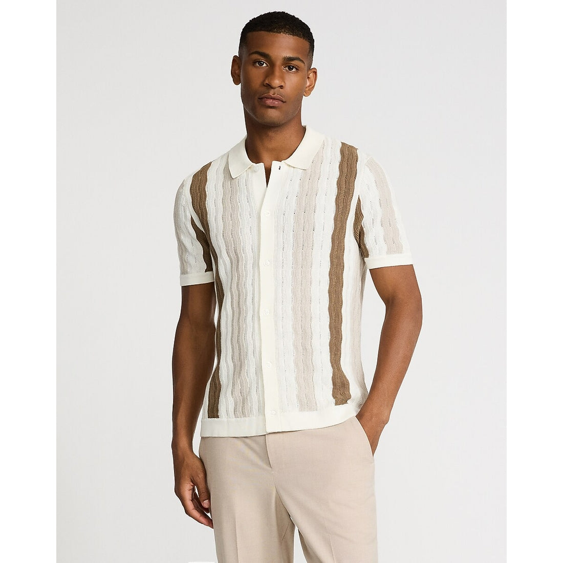 Textured Wavy Striped Cotton-Blend Short Sleeve Sweater Polo