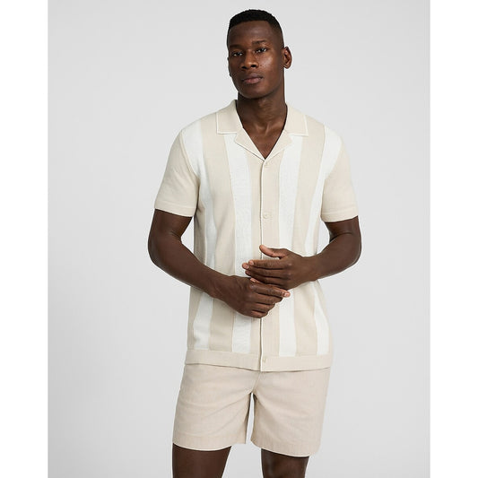 Textured Striped Cotton Short Sleeve Sweater Polo