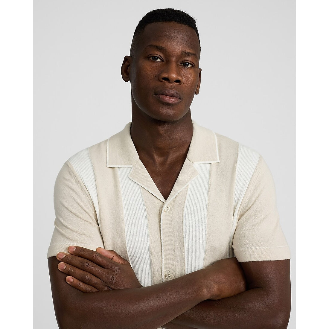 Textured Striped Cotton Short Sleeve Sweater Polo